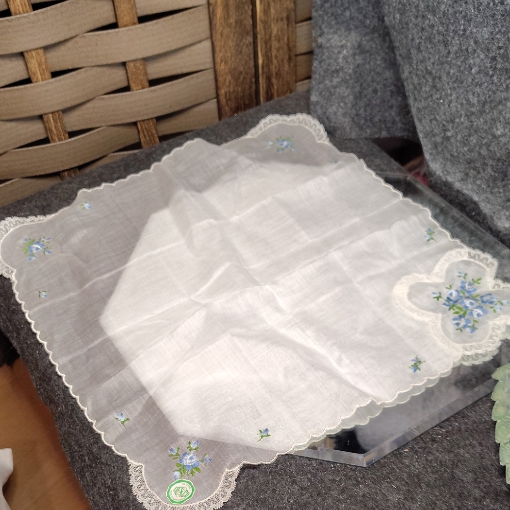 Vintage DESCO Elegant White and Blue Embroidered Handkerchief 100%cotton